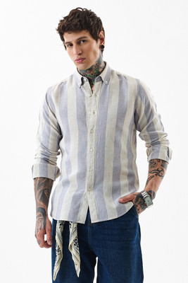 Snitch Men Striped Casual Grey Shirt