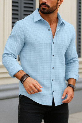 SEVENTEENSTITCH Men Self Design Casual Light Blue Shirt