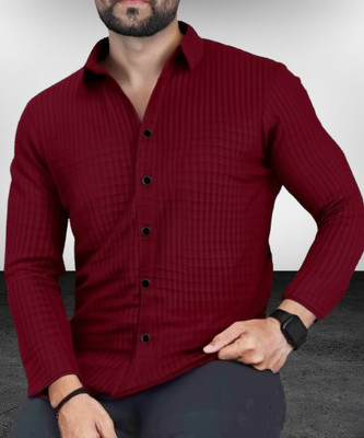 devkivastra Men Self Design, Striped Casual Maroon Shirt