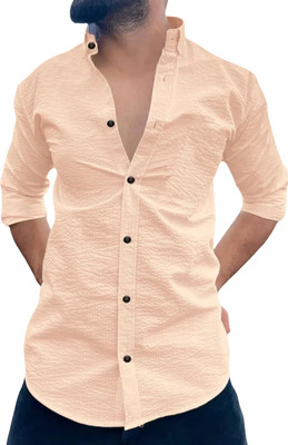 SHOOLIN Men Self Design Casual Orange Shirt