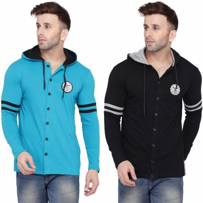 Trendfull Men Solid Casual Blue, Black Shirt(Pack of 2)