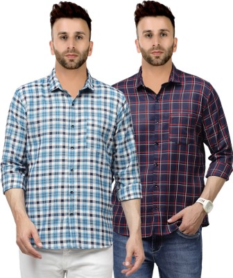 allan peter Men Checkered Casual Blue, Dark Blue Shirt(Pack of 2)