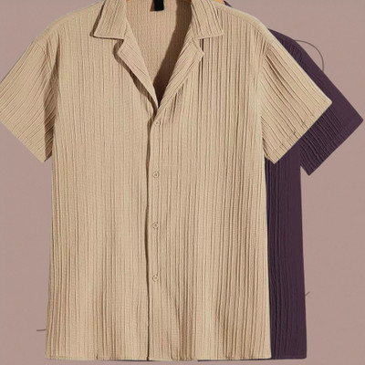 Jenil Fashion Men Self Design Casual Cream, Purple Shirt(Pack of 2)