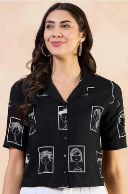 THAWAR JI Women Printed Casual Black Shirt