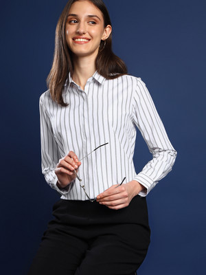 English Navy Women Striped Formal White Shirt