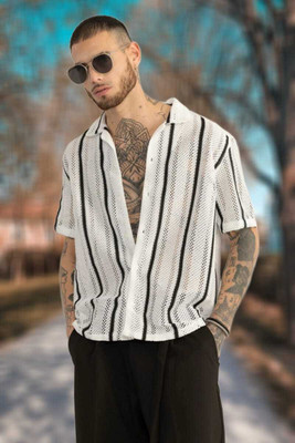 HEJAMAA CREATION Men Self Design Casual White Shirt