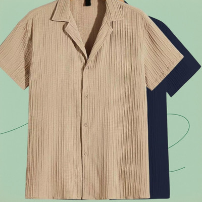 Looksky Men Self Design Casual Cream, Dark Blue Shirt