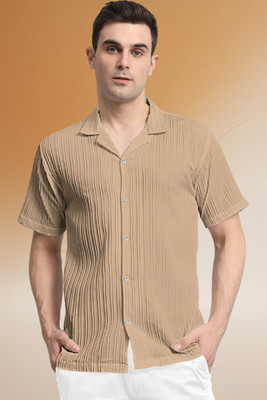 A DEEMOON TREND Men Self Design Casual Cream Shirt
