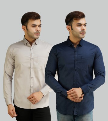 youth first Men Solid Casual Dark Blue, Grey Shirt(Pack of 2)