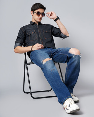 GRANDSTITCH Men Washed Casual Black Shirt