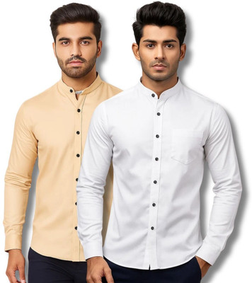 ClothTheory Men Solid Casual Orange, White Shirt(Pack of 2)
