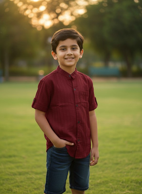 ESTHERCHARM Boys Striped Casual Maroon Shirt