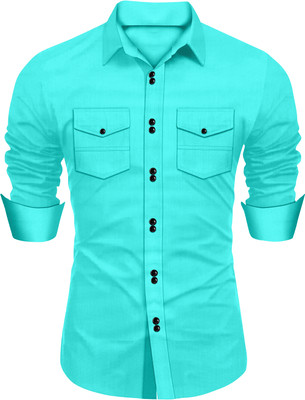 Hejama Men Solid Casual Green Shirt