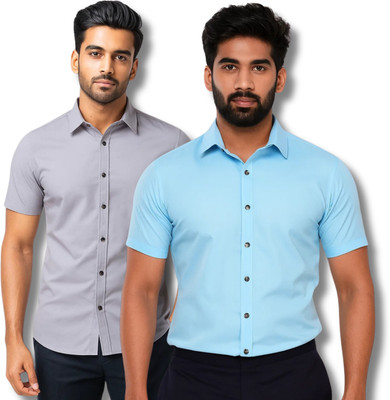 RAREMARK Men Self Design Formal Grey, Blue Shirt(Pack of 2)