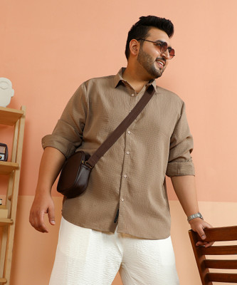 Instafab Plus Men Self Design Casual Beige Shirt