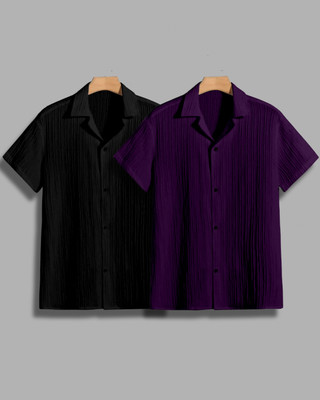House of Vinay Men Self Design Casual Black, Purple Shirt(Pack of 2)