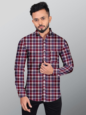 INDICLUB Men Checkered Casual Maroon Shirt