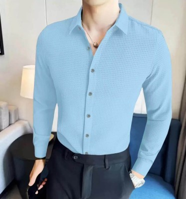 DEELMO Men Self Design Casual Light Blue Shirt