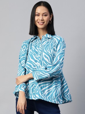 PLUSS Women Printed Casual Blue Shirt