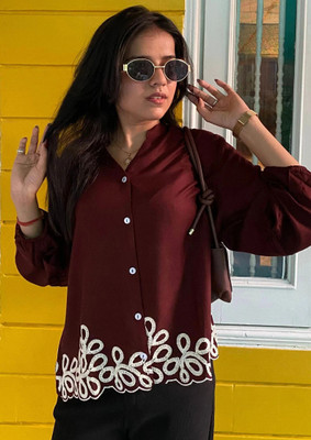 J TURRITOPSIS Women Embroidered Casual Brown Shirt