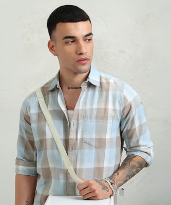 HIGHLANDER Men Checkered Casual Blue, Beige Shirt