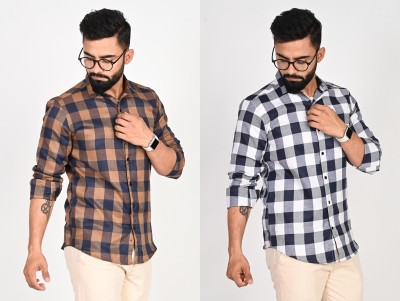 Tanip Men Checkered Casual Brown, White Shirt(Pack of 2)