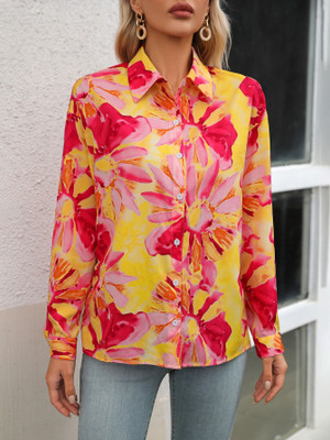 OUTZIDR Women Printed Casual Pink Shirt