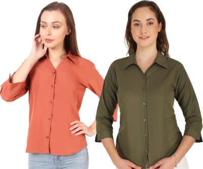 Hunoor Women Solid Casual Green, Orange Shirt(Pack of 2)