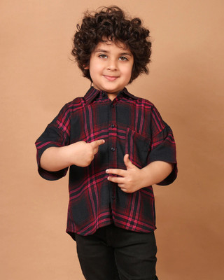 Chimpaaanzee Baby Boys Checkered Casual Dark Blue, Pink Shirt
