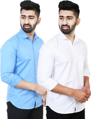 Feel high Men Solid Casual White, Blue Shirt(Pack of 2)