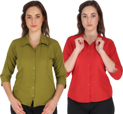 Giggles Women Solid Casual Dark Green, Red Shirt(Pack of 2)