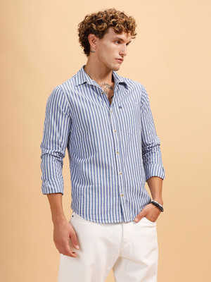 WROGN Men Striped Casual Blue Shirt