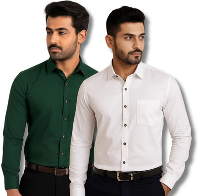 VIMASUTI Men Solid Casual Green, White Shirt(Pack of 2)