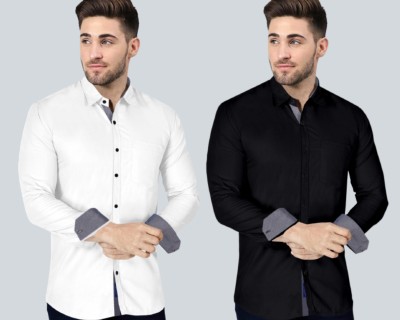 VTEXX Men Solid Casual White, Black Shirt(Pack of 2)