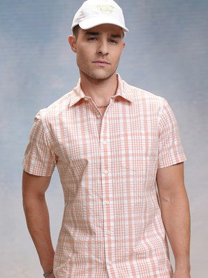 LOCOMOTIVE Men Checkered Casual Pink Shirt