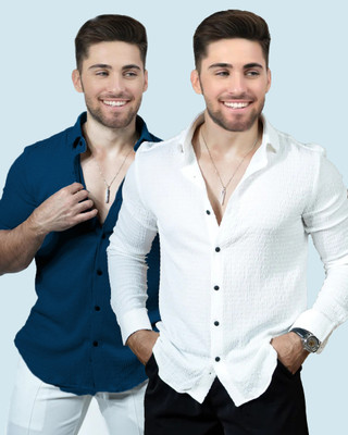 Marmic Fab Men Solid Casual White, Blue Shirt(Pack of 2)