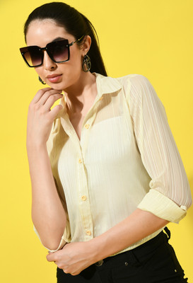 CHARMGAL Women Solid Casual Yellow Shirt