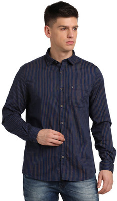 TURTLE Men Striped Casual Dark Blue, Grey Shirt