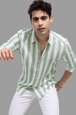 U TURN Men Striped Casual Light Green, White Shirt