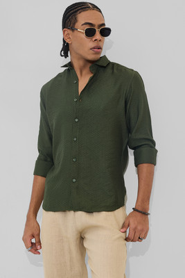 Snitch Men Self Design Casual Dark Green Shirt