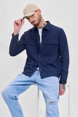 Snitch Men Solid Casual Dark Blue Shirt