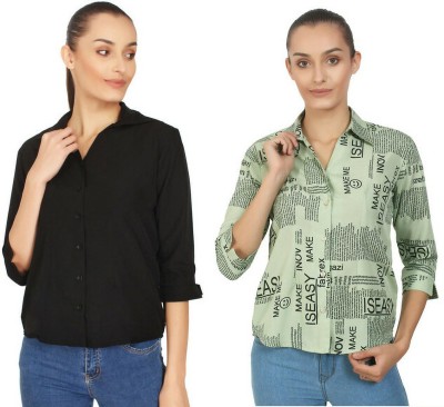 Laxmi sports Women Solid, Printed Casual Black, Green Shirt(Pack of 2)