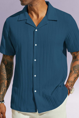 A DEEMOON TREND Men Self Design Casual Blue Shirt