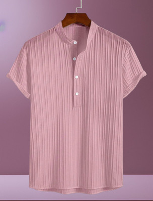 KVARA Men Self Design, Striped Casual Pink Shirt