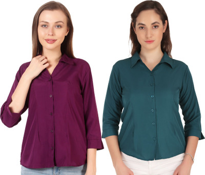 Hunoor Women Solid Casual Dark Green, Purple Shirt(Pack of 2)