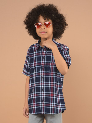 CRIMSOUNE CLUB Boys Checkered Casual Dark Blue Shirt