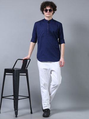 Last stitch Men Solid Straight Kurta(Dark Blue)