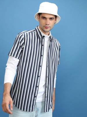 KETCH Men Striped Casual Dark Blue, Grey, White Shirt