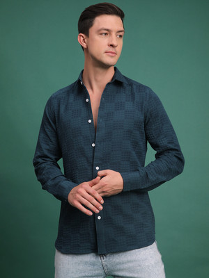 Voroxy Men Self Design Casual Dark Blue Shirt