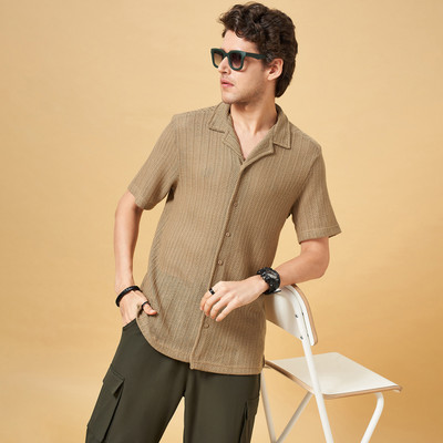 YU by Pantaloons Men Self Design Casual Brown Shirt